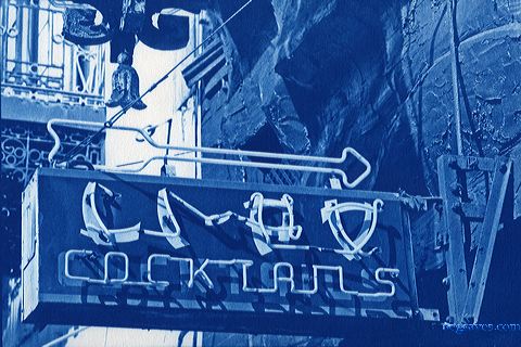 cyanotype print by A.E. Graves of Lipo Cocktails sign, Chinatown, San Francisco, California