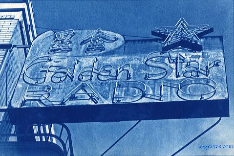 cyanotype print by A.E. Graves of Golden Star Radio sign, Chinatown, San Francisco, California