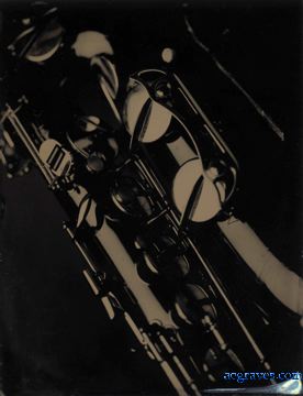 wet plate collodion print on metal of saxophone detail (ferrotype)