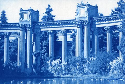 cyanotype print by A.E. Graves of Palace of Fine Arts, San Francisco, California