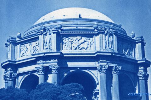 cyanotype print by A.E. Graves of Palace of Fine Arts, San Francisco, California