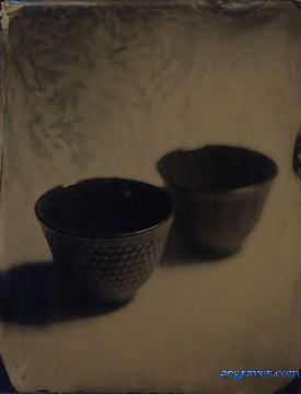 wet plate collodion print on aluminum of Japanese iron tea cups